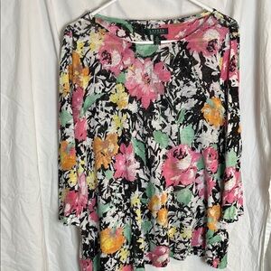 Lauren Ralph Lauren Black Floral Scoop Neck Long Sleeve Linen Top Size 1X